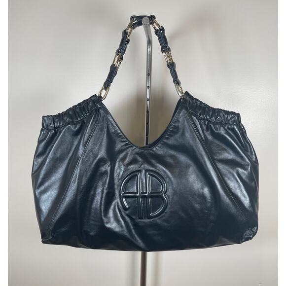 Anine Bing Kate Embossed Large Black Lamb Leather Boho Shoulder Tote - Picture 7 of 15